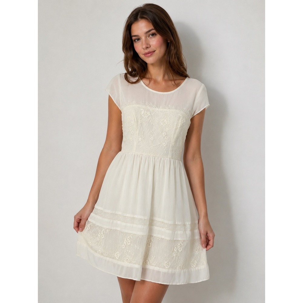 American Eagle Cream Lace Tiered Fit &‎ Flare Dress Cap Sleeve Ivory Size 6